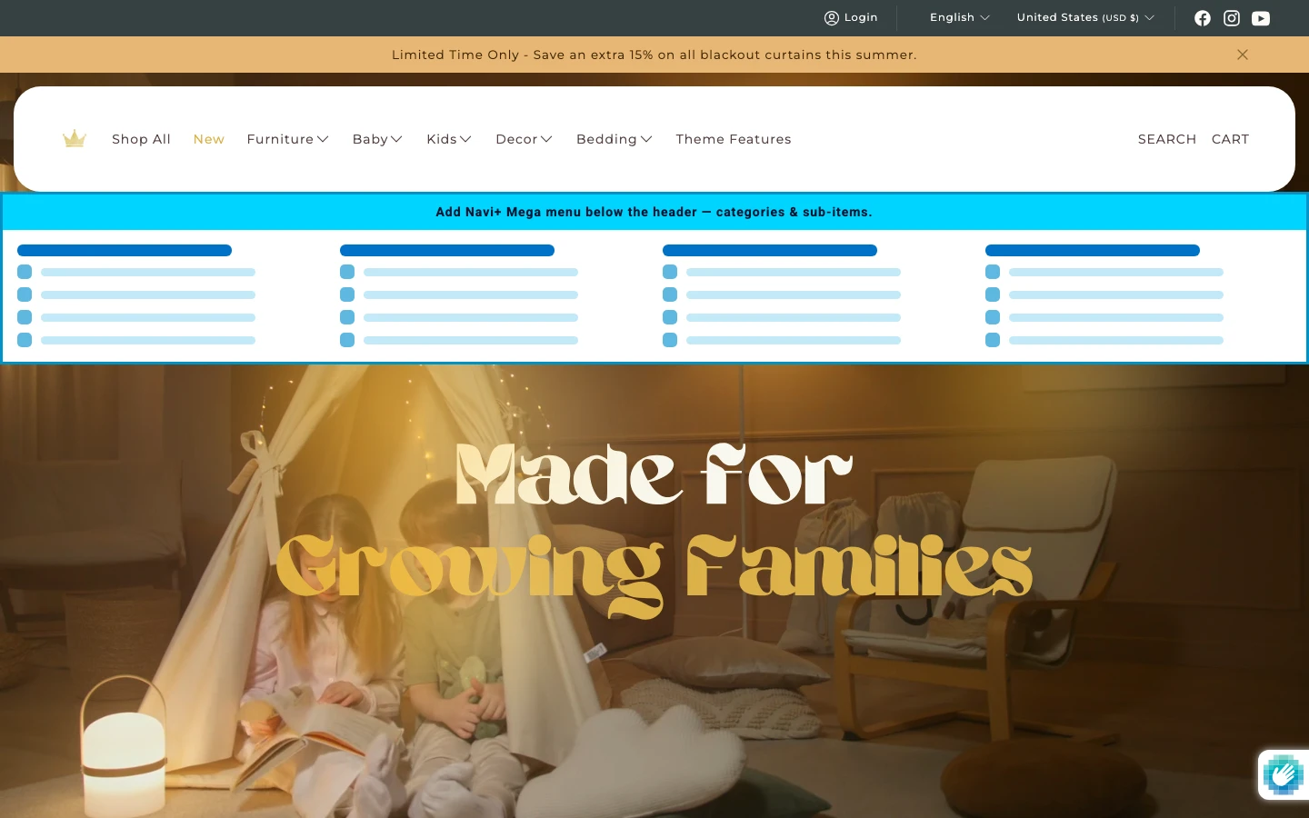 Navi+ Mega Menu inserted below the header on the Agnes Shopify theme Navi+ Mega Menu inserted below the header on the Agnes Shopify theme