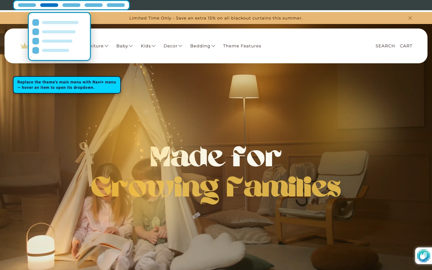 Navi+ Mega Menu replacing the desktop menu on the Agnes Shopify theme Navi+ Mega Menu replacing the desktop menu on the Agnes Shopify theme