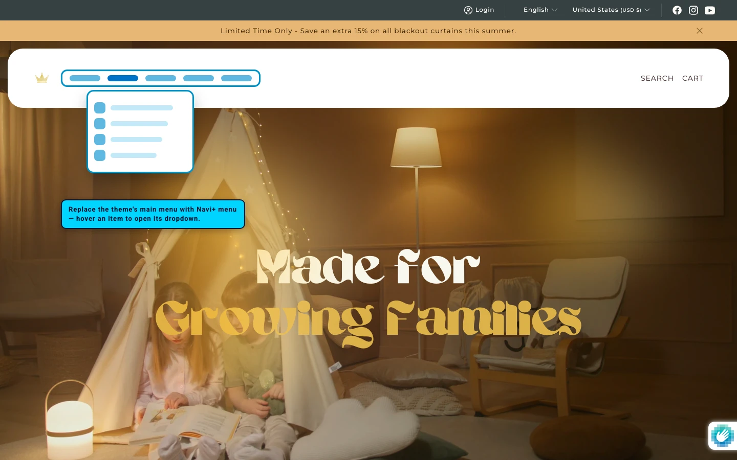 Navi+ Mega Menu replacing the desktop menu on the Agnes Shopify theme Navi+ Mega Menu replacing the desktop menu on the Agnes Shopify theme