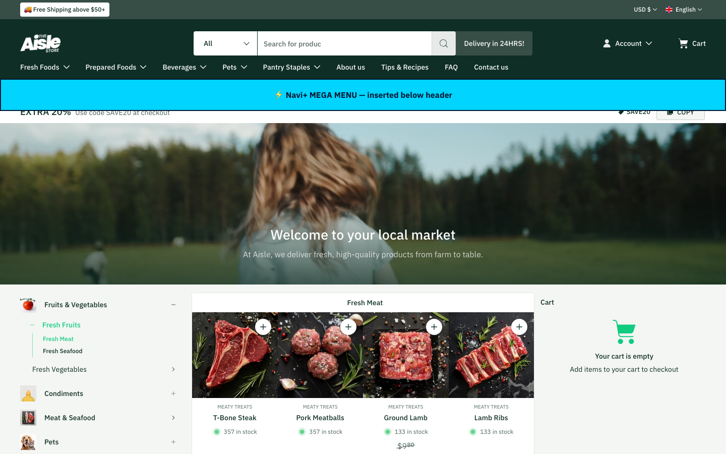 Menu inserted below header — Navi+ on the Aisle Shopify theme Menu inserted below header — Navi+ on the Aisle Shopify theme