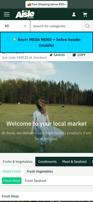 Menu inserted below header — Navi+ on the Aisle Shopify theme Menu inserted below header — Navi+ on the Aisle Shopify theme