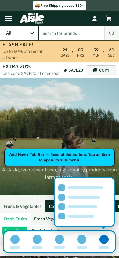 Navi+ Tab Bar on the Aisle Shopify theme Navi+ Tab Bar on the Aisle Shopify theme