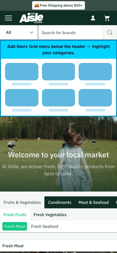 Navi+ Grid Menu on the Aisle Shopify theme Navi+ Grid Menu on the Aisle Shopify theme