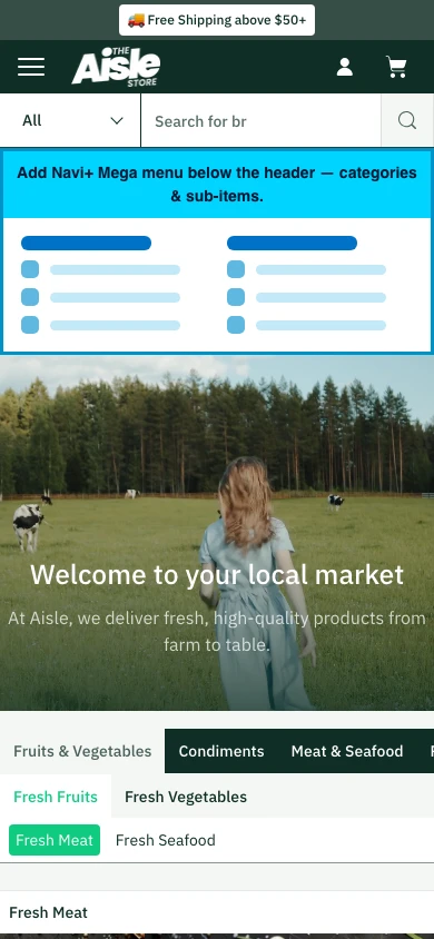 Navi+ mobile Mega Menu on the Aisle Shopify theme Navi+ mobile Mega Menu on the Aisle Shopify theme