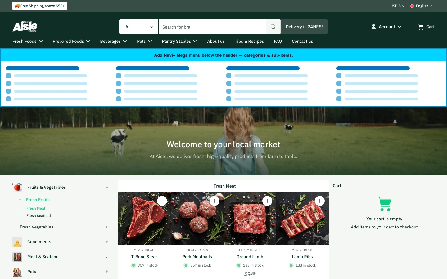 Navi+ Mega Menu inserted below the header on the Aisle Shopify theme Navi+ Mega Menu inserted below the header on the Aisle Shopify theme