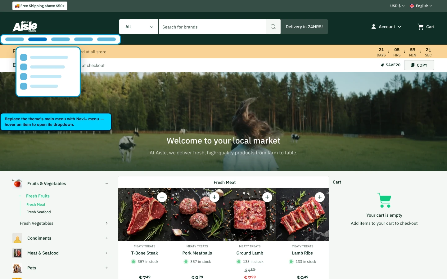 Navi+ Mega Menu replacing the desktop menu on the Aisle Shopify theme Navi+ Mega Menu replacing the desktop menu on the Aisle Shopify theme