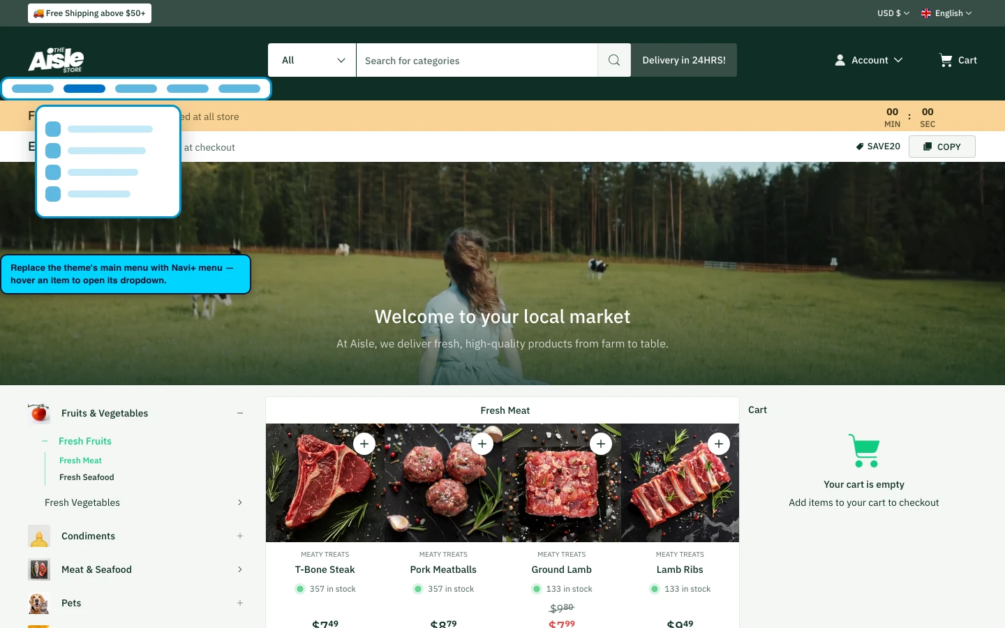 Navi+ Mega Menu replacing the desktop menu on the Aisle Shopify theme Navi+ Mega Menu replacing the desktop menu on the Aisle Shopify theme