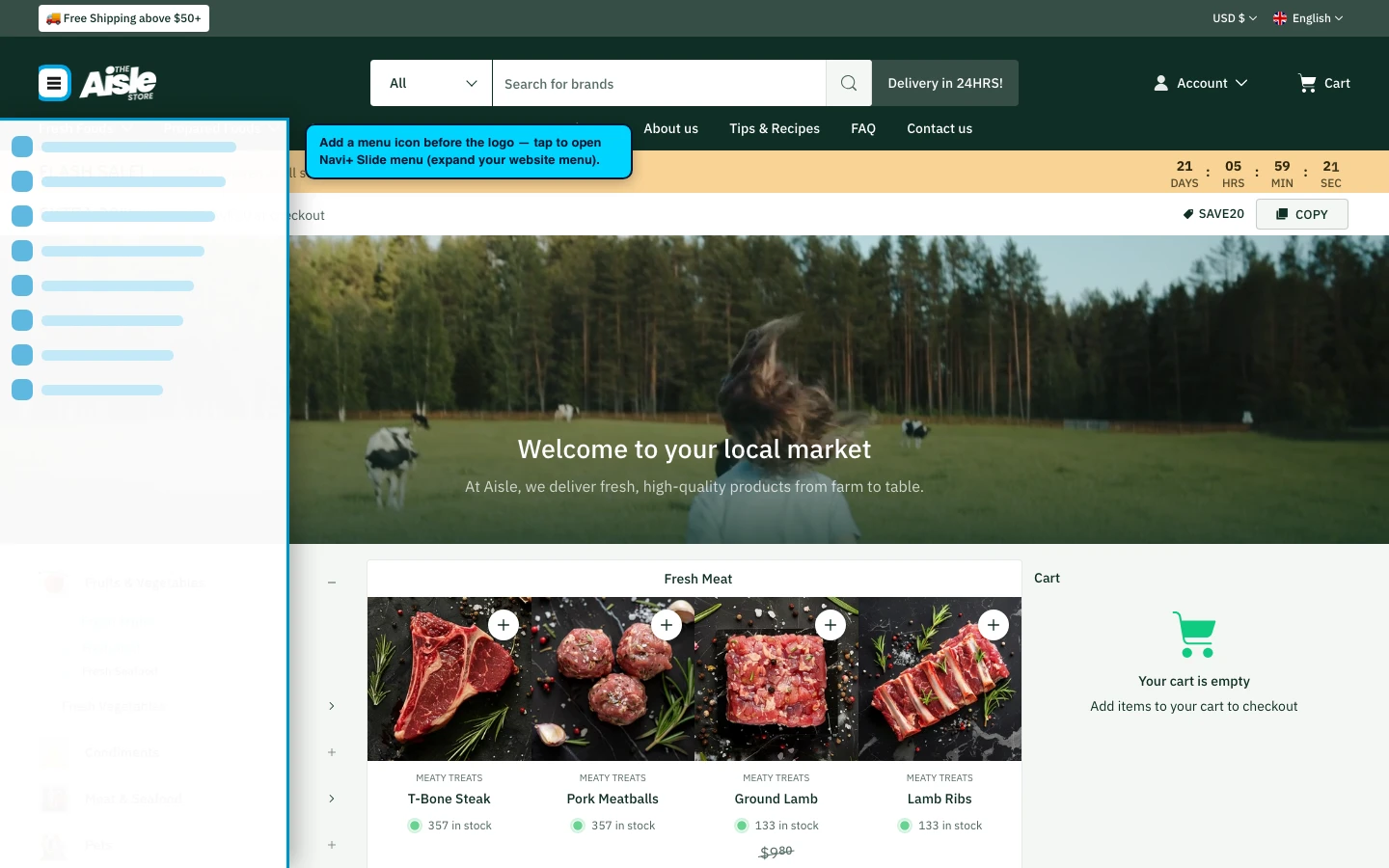 Navi+ trigger icon before the logo on the Aisle Shopify theme Navi+ trigger icon before the logo on the Aisle Shopify theme