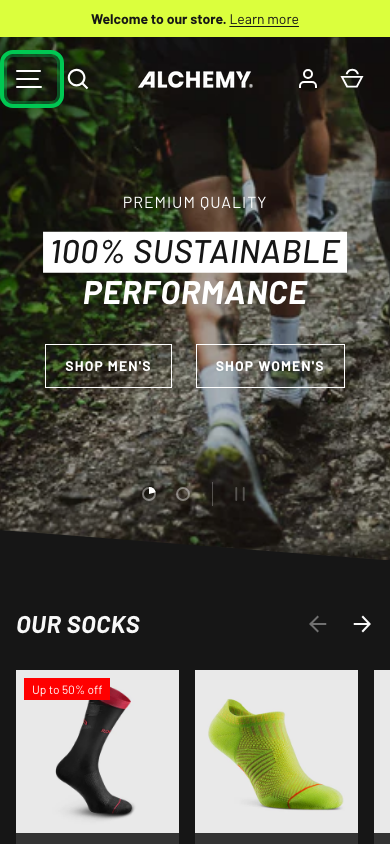 Hamburger → panel opened — Navi+ on the Alchemy Shopify theme Hamburger → panel opened — Navi+ on the Alchemy Shopify theme