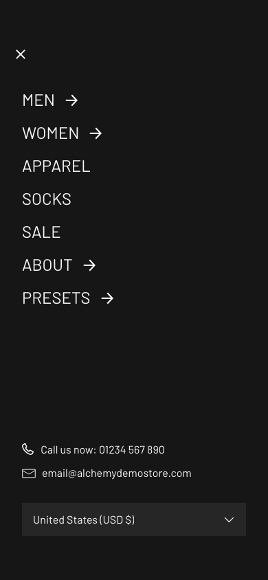 Hamburger → panel opened — Navi+ on the Alchemy Shopify theme Hamburger → panel opened — Navi+ on the Alchemy Shopify theme