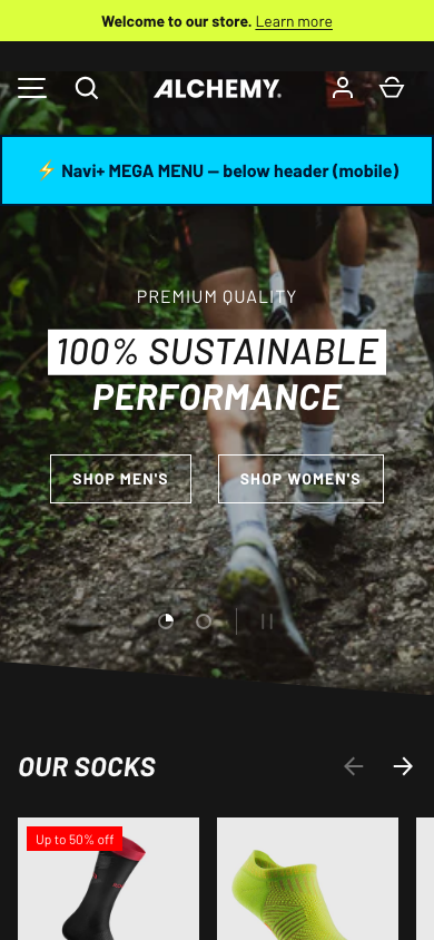Menu inserted below header — Navi+ on the Alchemy Shopify theme Menu inserted below header — Navi+ on the Alchemy Shopify theme