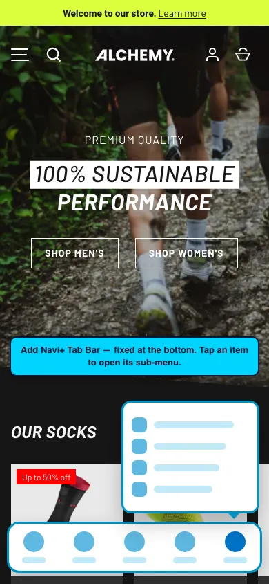 Navi+ Tab Bar on the Alchemy Shopify theme Navi+ Tab Bar on the Alchemy Shopify theme