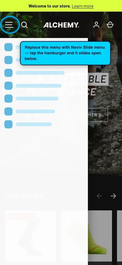 Navi+ Slide Menu on the Alchemy Shopify theme Navi+ Slide Menu on the Alchemy Shopify theme