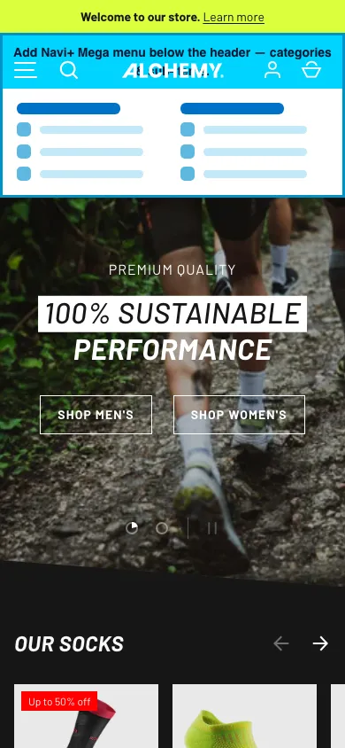 Navi+ mobile Mega Menu on the Alchemy Shopify theme Navi+ mobile Mega Menu on the Alchemy Shopify theme