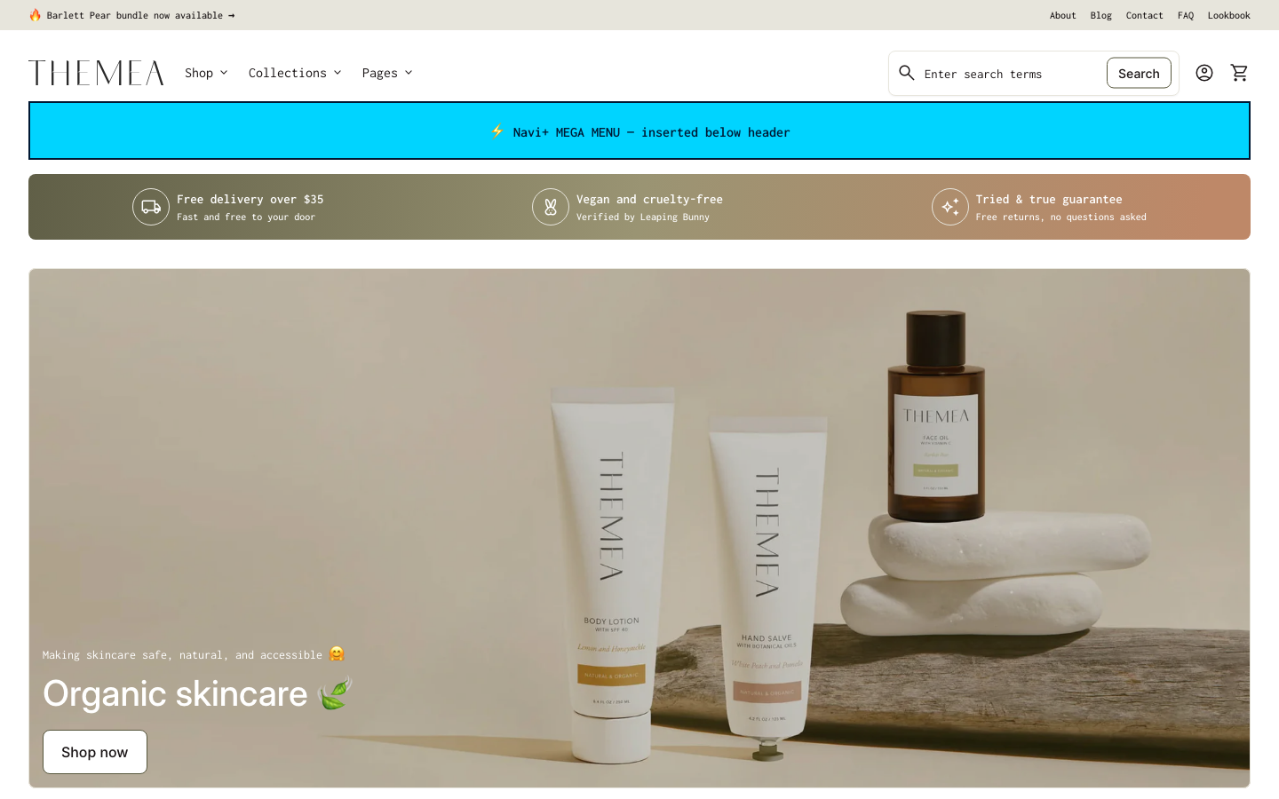 Menu inserted below header — Navi+ on the Align Shopify theme