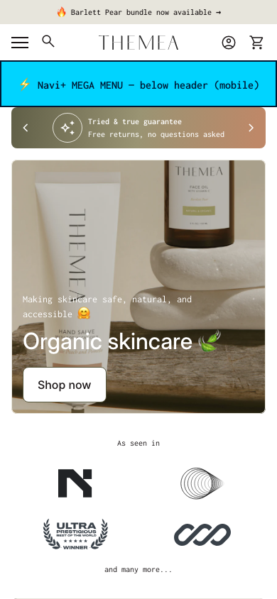Menu inserted below header — Navi+ on the Align Shopify theme