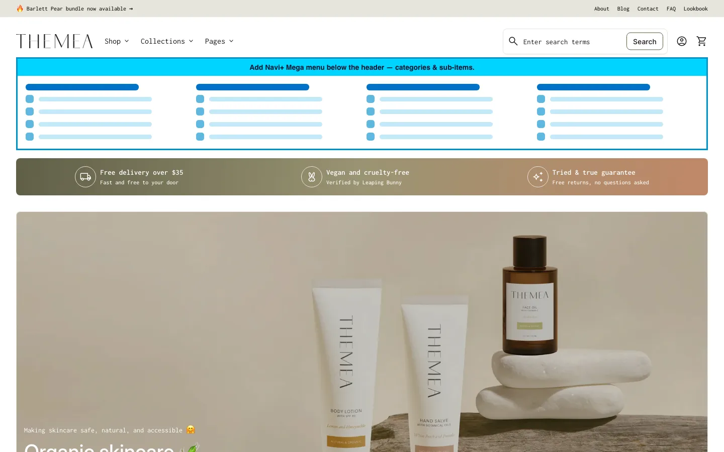 Navi+ Mega Menu inserted below the header on the Align Shopify theme Navi+ Mega Menu inserted below the header on the Align Shopify theme