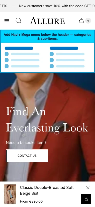 Navi+ mobile Mega Menu on the Allure Shopify theme Navi+ mobile Mega Menu on the Allure Shopify theme