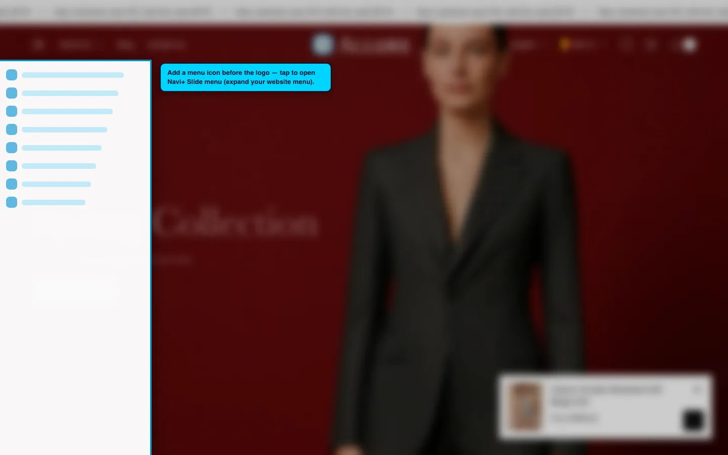 Navi+ trigger icon before the logo on the Allure Shopify theme