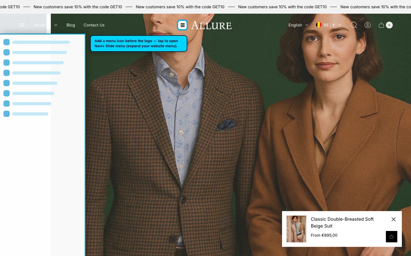 Navi+ trigger icon before the logo on the Allure Shopify theme Navi+ trigger icon before the logo on the Allure Shopify theme