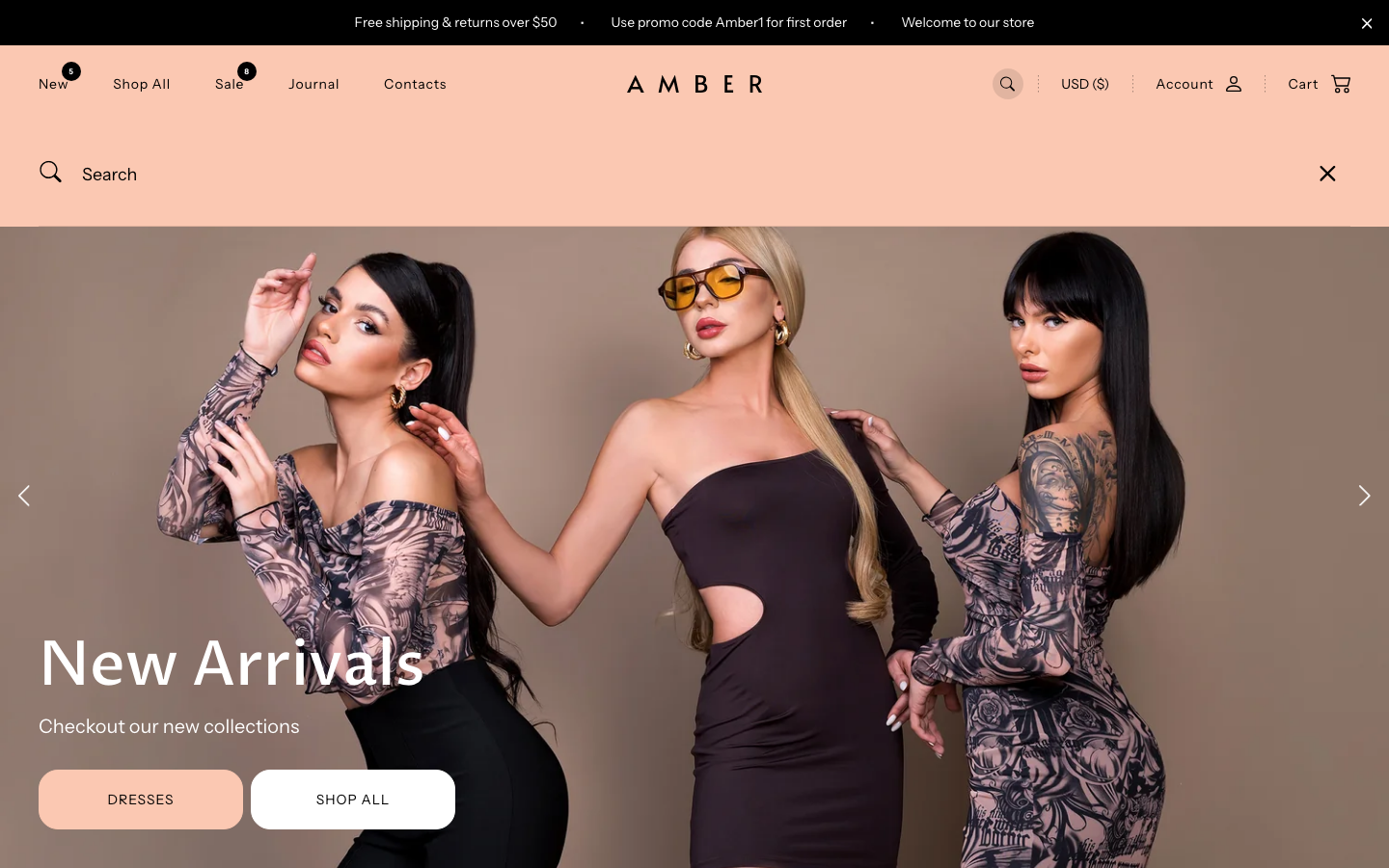 Search → panel opened — Navi+ on the Amber Shopify theme Search → panel opened — Navi+ on the Amber Shopify theme