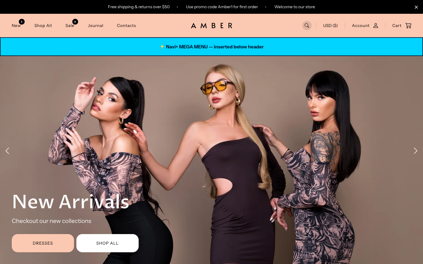 Menu inserted below header — Navi+ on the Amber Shopify theme Menu inserted below header — Navi+ on the Amber Shopify theme