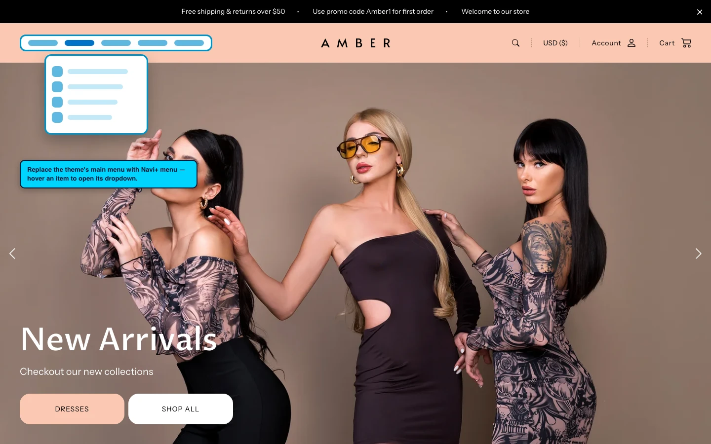 Navi+ Mega Menu replacing the desktop menu on the Amber Shopify theme Navi+ Mega Menu replacing the desktop menu on the Amber Shopify theme