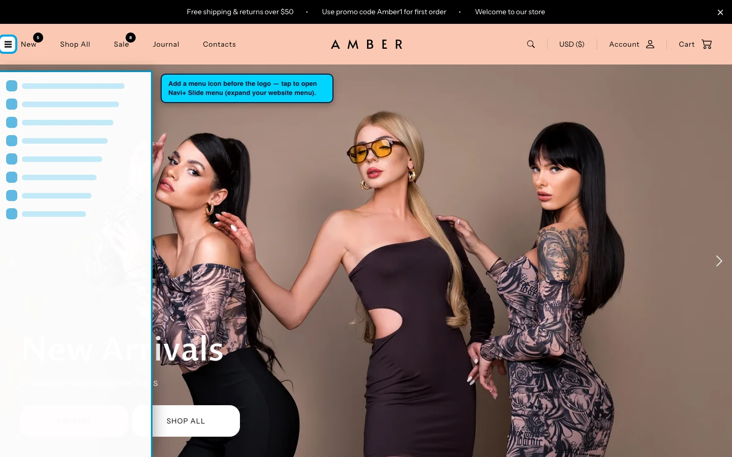 Navi+ trigger icon before the logo on the Amber Shopify theme Navi+ trigger icon before the logo on the Amber Shopify theme