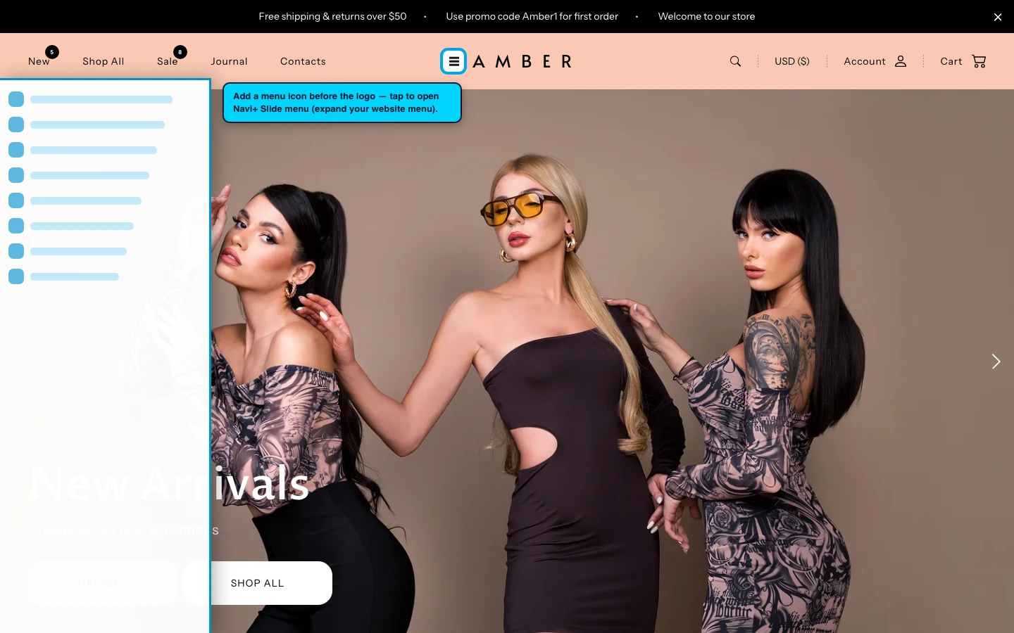 Navi+ trigger icon before the logo on the Amber Shopify theme Navi+ trigger icon before the logo on the Amber Shopify theme