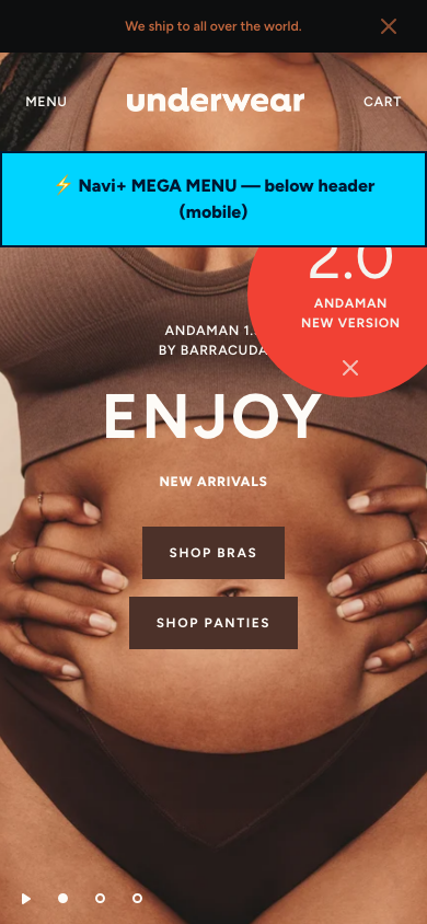 Menu inserted below header — Navi+ on the Andaman Shopify theme Menu inserted below header — Navi+ on the Andaman Shopify theme