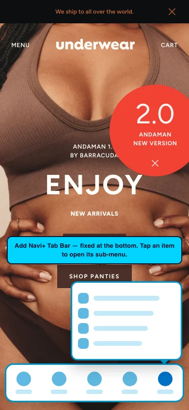 Navi+ Tab Bar on the Andaman Shopify theme Navi+ Tab Bar on the Andaman Shopify theme