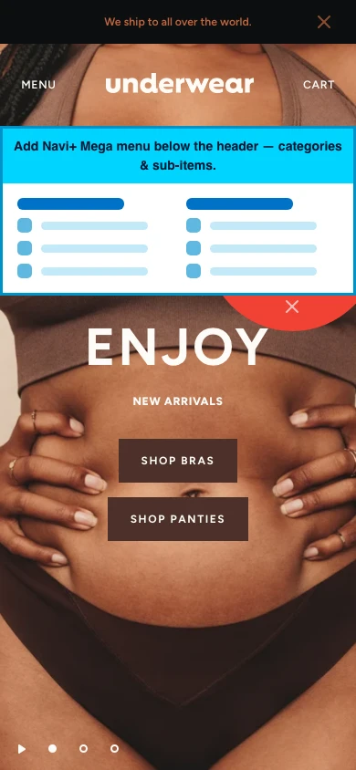 Navi+ mobile Mega Menu on the Andaman Shopify theme Navi+ mobile Mega Menu on the Andaman Shopify theme
