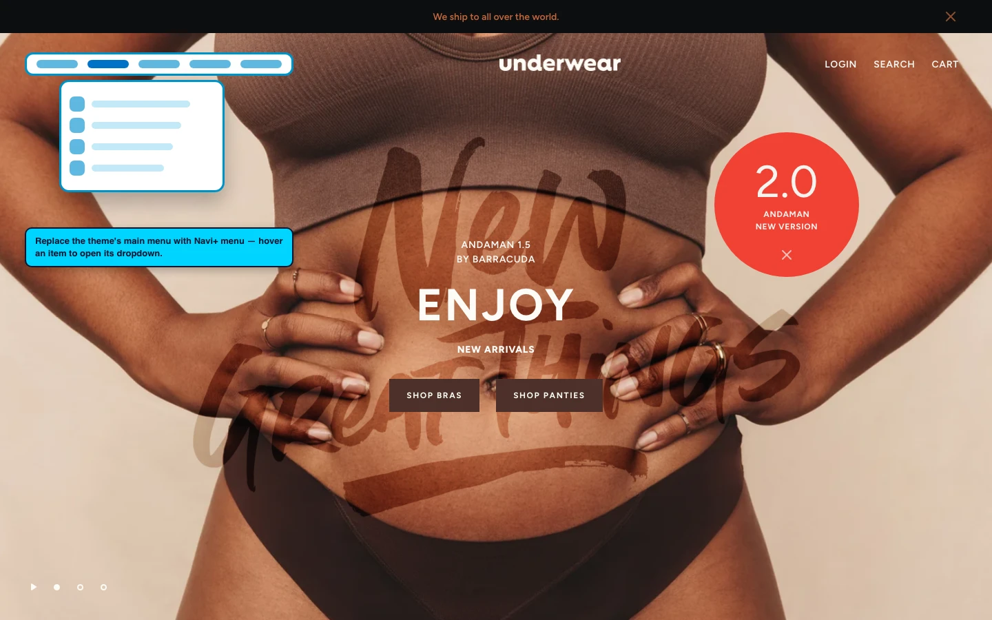 Navi+ Mega Menu replacing the desktop menu on the Andaman Shopify theme