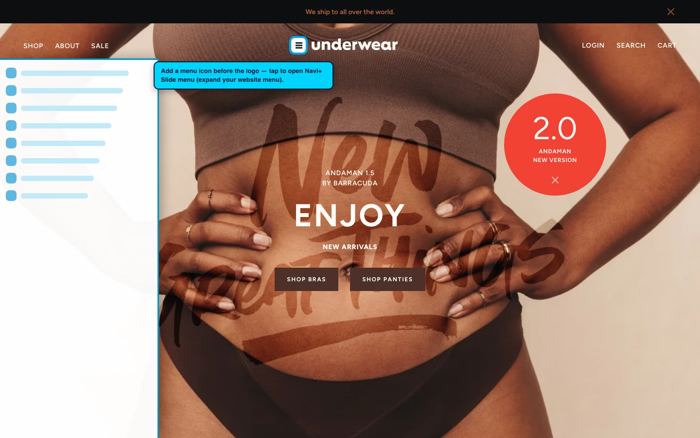 Navi+ trigger icon before the logo on the Andaman Shopify theme Navi+ trigger icon before the logo on the Andaman Shopify theme