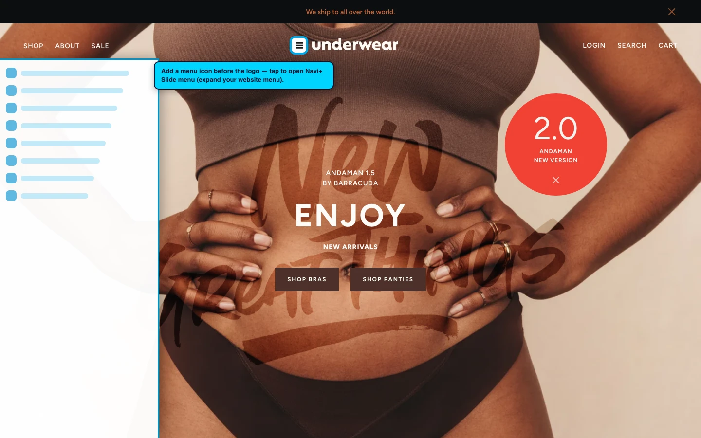 Navi+ trigger icon before the logo on the Andaman Shopify theme Navi+ trigger icon before the logo on the Andaman Shopify theme