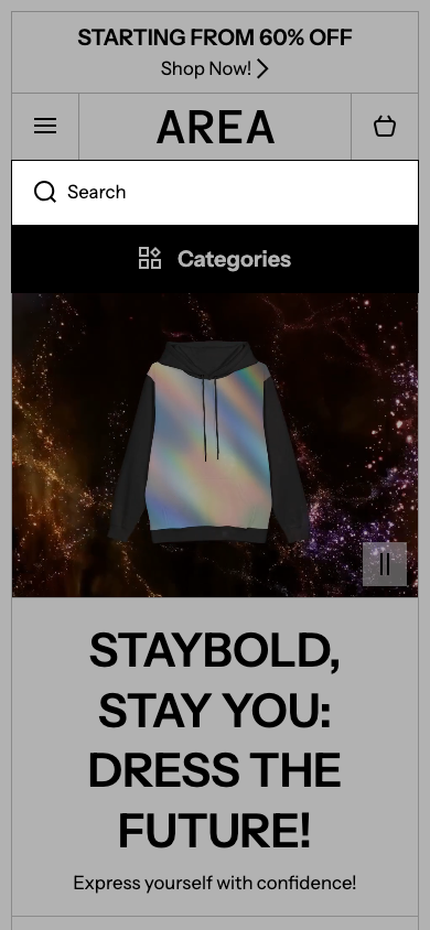Search → panel opened — Navi+ on the Area Shopify theme Search → panel opened — Navi+ on the Area Shopify theme