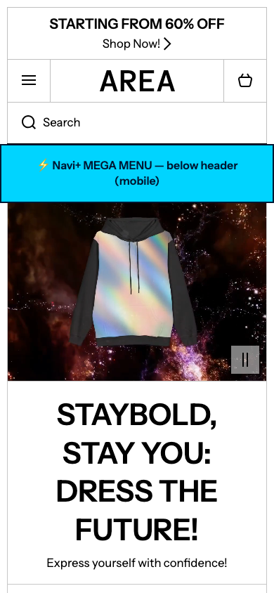 Menu inserted below header — Navi+ on the Area Shopify theme Menu inserted below header — Navi+ on the Area Shopify theme