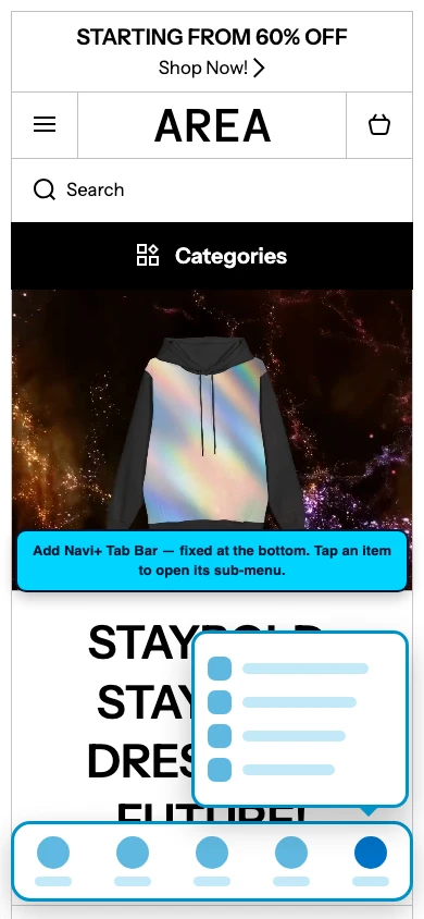 Navi+ Tab Bar on the Area Shopify theme Navi+ Tab Bar on the Area Shopify theme