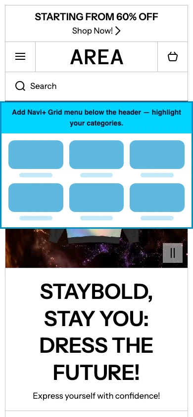 Navi+ Grid Menu on the Area Shopify theme Navi+ Grid Menu on the Area Shopify theme