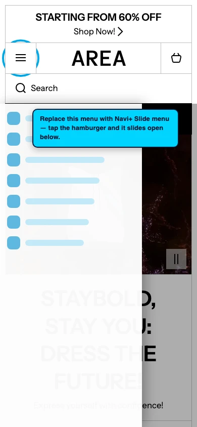 Navi+ Slide Menu on the Area Shopify theme Navi+ Slide Menu on the Area Shopify theme