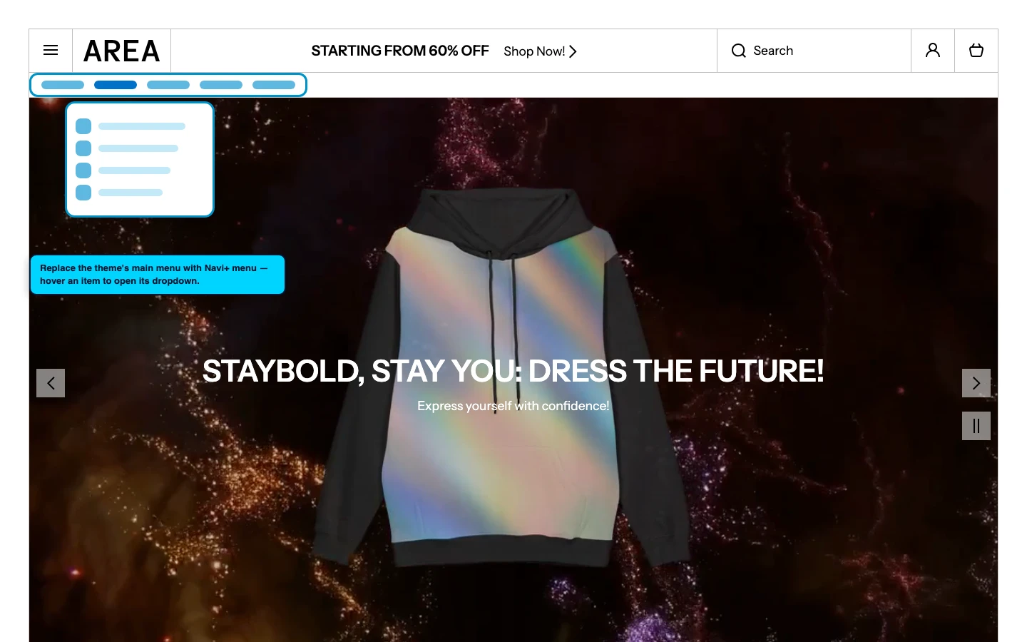 Navi+ Mega Menu replacing the desktop menu on the Area Shopify theme Navi+ Mega Menu replacing the desktop menu on the Area Shopify theme
