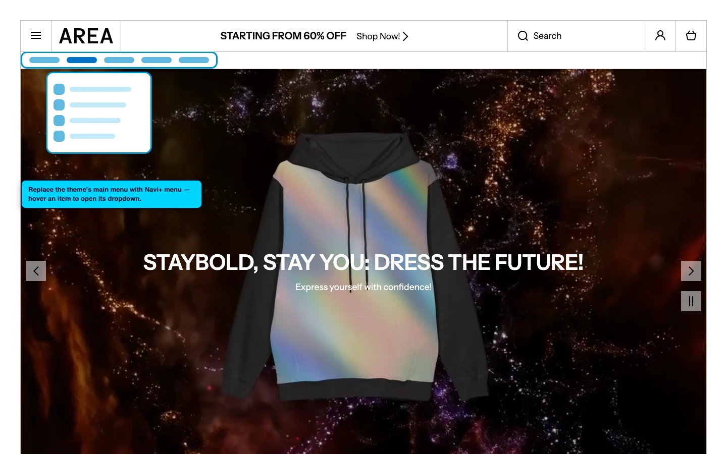 Navi+ Mega Menu replacing the desktop menu on the Area Shopify theme Navi+ Mega Menu replacing the desktop menu on the Area Shopify theme