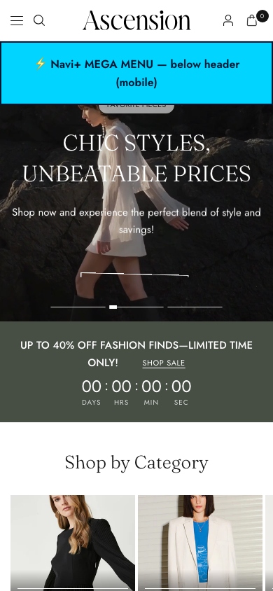 Menu inserted below header — Navi+ on the Ascension Shopify theme Menu inserted below header — Navi+ on the Ascension Shopify theme