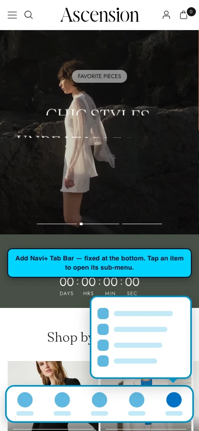 Navi+ Tab Bar on the Ascension Shopify theme Navi+ Tab Bar on the Ascension Shopify theme