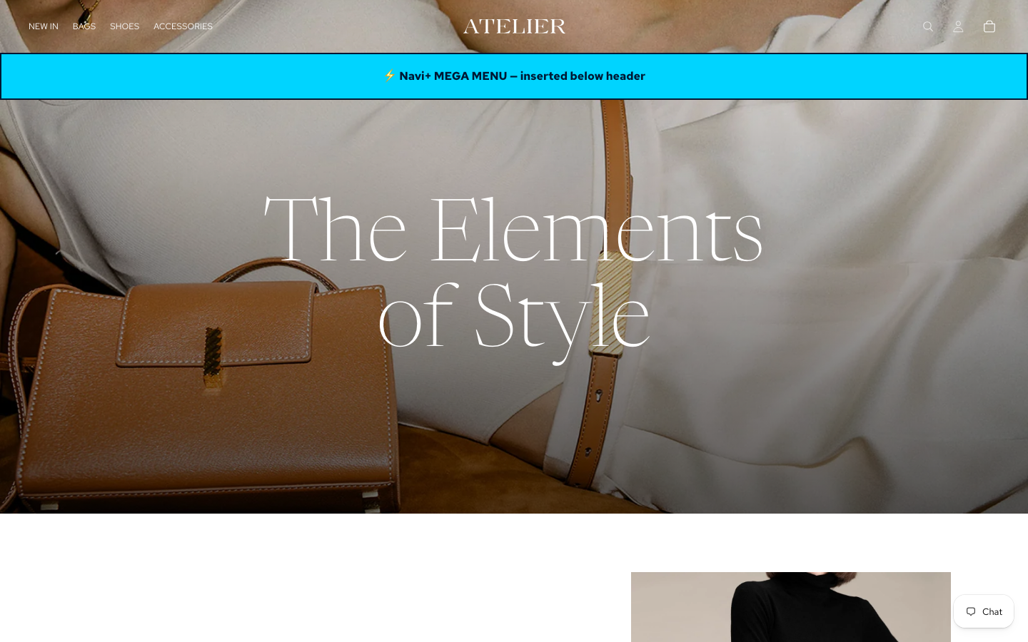 Menu inserted below header — Navi+ on the Atelier Shopify theme Menu inserted below header — Navi+ on the Atelier Shopify theme