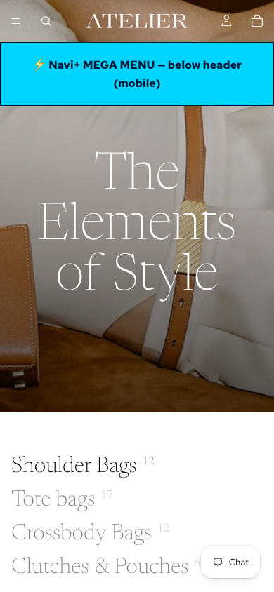 Menu inserted below header — Navi+ on the Atelier Shopify theme Menu inserted below header — Navi+ on the Atelier Shopify theme