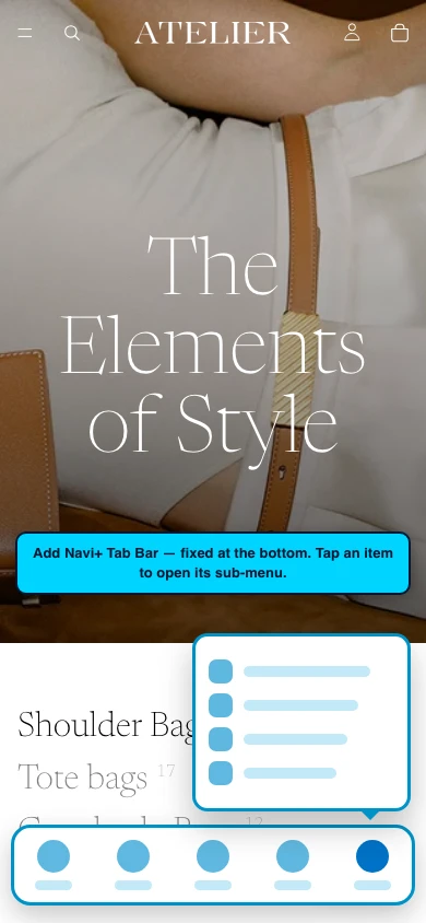 Navi+ Tab Bar on the Atelier Shopify theme Navi+ Tab Bar on the Atelier Shopify theme
