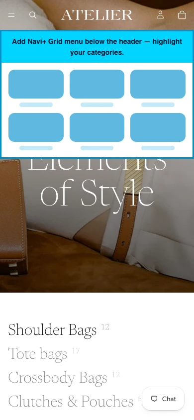 Navi+ Grid Menu on the Atelier Shopify theme Navi+ Grid Menu on the Atelier Shopify theme