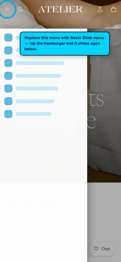 Navi+ Slide Menu on the Atelier Shopify theme Navi+ Slide Menu on the Atelier Shopify theme