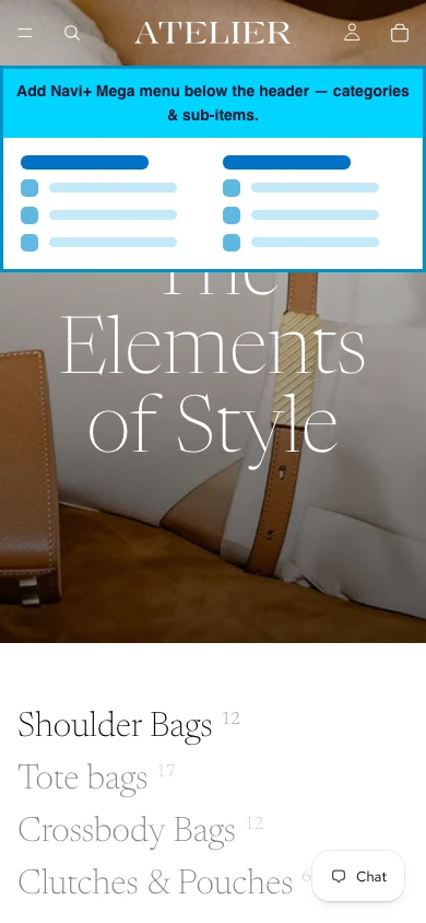 Navi+ mobile Mega Menu on the Atelier Shopify theme Navi+ mobile Mega Menu on the Atelier Shopify theme